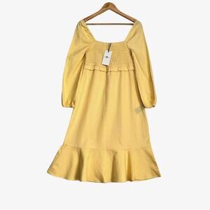 7 For All Mankind Babydoll Yellow Midi Dress Linen Smocked Tiered Knee Lenght